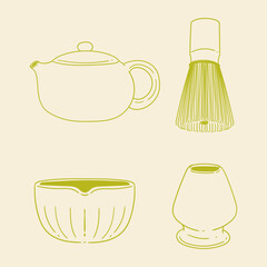 Matcha tea illustration set. Original hand-drawn green tea illustrations featuring matcha brewing utensils, a bamboo matcha whisk, and a Japanese matcha green tea brewing brush for posters, cards, caf