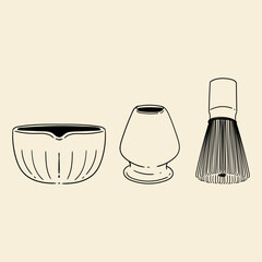 Matcha tea illustration set. Original hand-drawn green tea illustrations featuring matcha brewing utensils, a bamboo matcha whisk, and a Japanese matcha green tea brewing brush for posters, cards, caf
