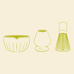 Matcha tea illustration set. Original hand-drawn green tea illustrations featuring matcha brewing utensils, a bamboo matcha whisk, and a Japanese matcha green tea brewing brush for posters, cards, caf