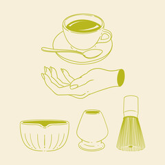 Matcha tea illustration set. Original hand-drawn green tea illustrations featuring matcha brewing utensils, a bamboo matcha whisk, and a Japanese matcha green tea brewing brush for posters, cards, caf