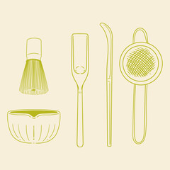 Matcha tea illustration set. Original hand-drawn green tea illustrations featuring matcha brewing utensils, a bamboo matcha whisk, and a Japanese matcha green tea brewing brush for posters, cards, caf