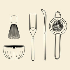 Matcha tea illustration set. Original hand-drawn green tea illustrations featuring matcha brewing utensils, a bamboo matcha whisk, and a Japanese matcha green tea brewing brush for posters, cards, caf