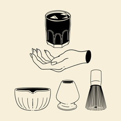 Matcha tea illustration set. Original hand-drawn green tea illustrations featuring matcha brewing utensils, a bamboo matcha whisk, and a Japanese matcha green tea brewing brush for posters, cards