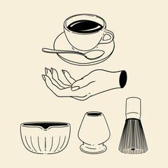 Matcha tea illustration set. Original hand-drawn green tea illustrations featuring matcha brewing utensils, a bamboo matcha whisk, and a Japanese matcha green tea brewing brush for posters, cards, caf