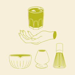 Matcha tea illustration set. Original hand-drawn green tea illustrations featuring matcha brewing utensils, a bamboo matcha whisk, and a Japanese matcha green tea brewing brush for posters, cards, caf