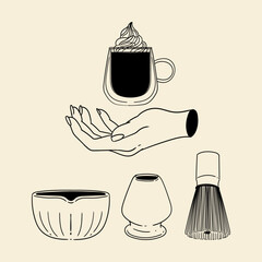Matcha tea illustration set. Original hand-drawn green tea illustrations featuring matcha brewing utensils, a bamboo matcha whisk, and a Japanese matcha green tea brewing brush for posters, cards