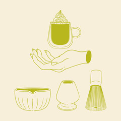 Matcha tea illustration set. Original hand-drawn green tea illustrations featuring matcha brewing utensils, a bamboo matcha whisk, and a Japanese matcha green tea brewing brush for posters, cards, caf