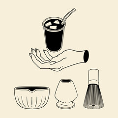Matcha tea illustration set. Original hand-drawn green tea illustrations featuring matcha brewing utensils, a bamboo matcha whisk, and a Japanese matcha green tea brewing brush for posters, cards, caf
