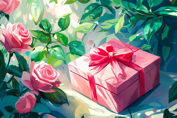 Valentines day card with gift box and rose flowers