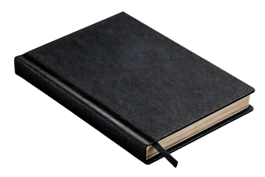 Black hardcover journal with ribbon bookmark isolated on transparent background