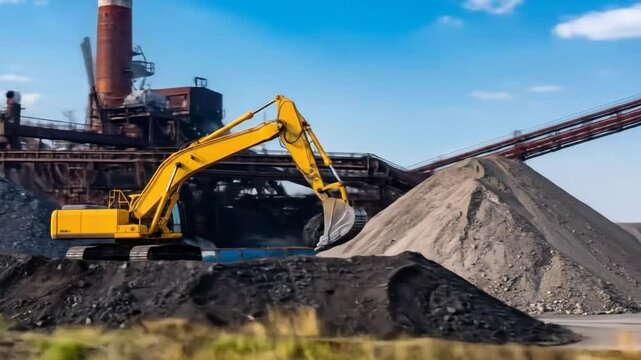Yellow Excavator Loading Pile Of Gray Material At Industrial Site