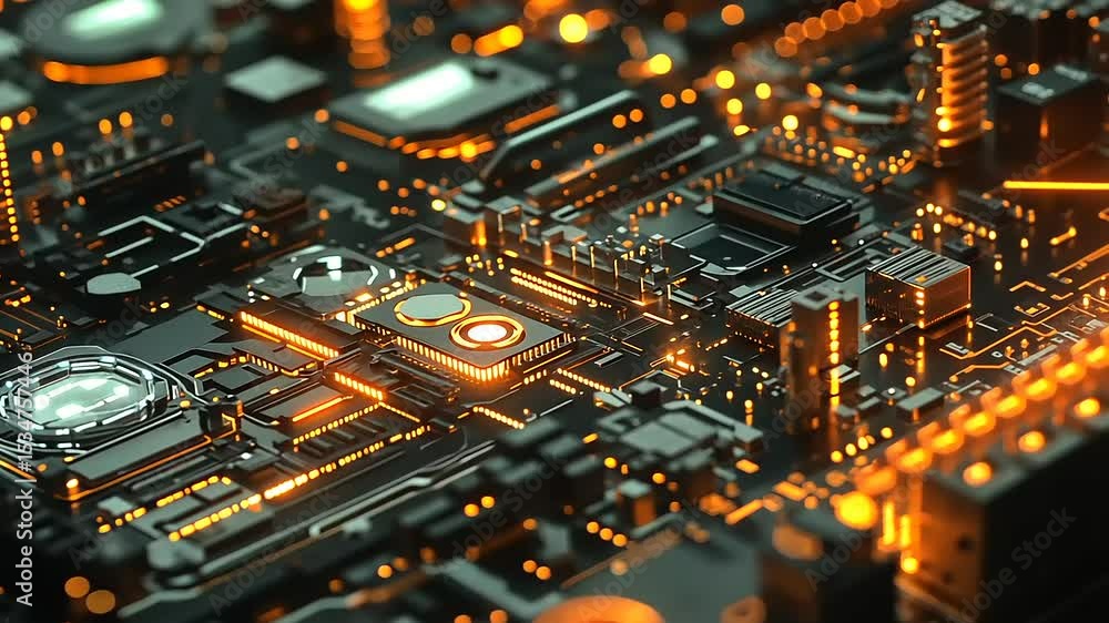 Poster close-up view of a futuristic circuit board with glowing components and intricate connections