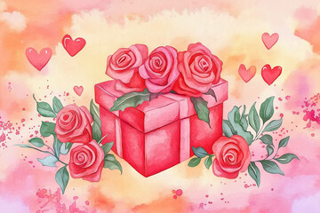 Valentines day card with gift box and rose flowers