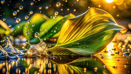 Golden Hour Water Hyacinth: Macro Photography of Water Droplets Splashing on Leaf
