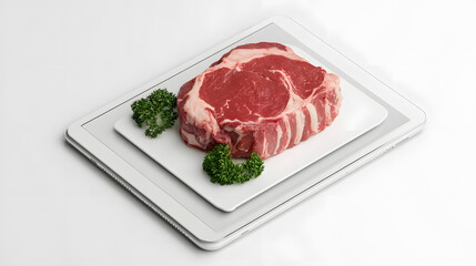 Raw steak sits on white plate with parsley, placed on tablet, symbolizing online meat ordering