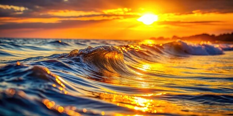 Golden Sunset Ocean Waves, High Depth of Field, Peaceful Seascape, Magical Water Reflection, Sunlit Ocean Photography