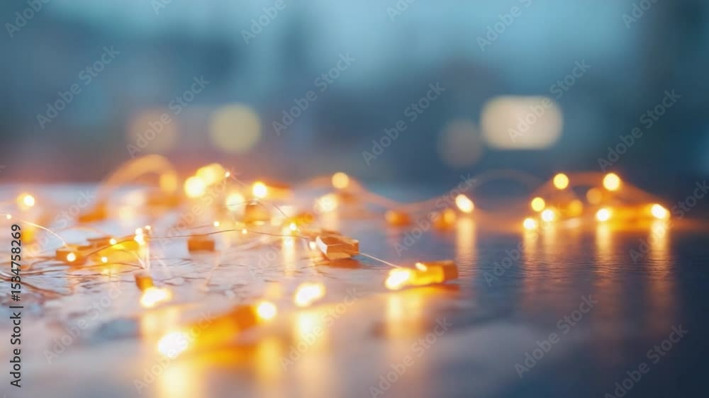 Aufkleber glowing string lights: close-up shot of illuminated string lights with blurred background, creating 