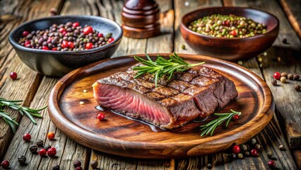 Gourmet Meat Plate & Peppercorn Bowl: Premium Food Photography, Delicious Steak, Spicy Peppercorns, Culinary Image, Restaurant Menu Photo