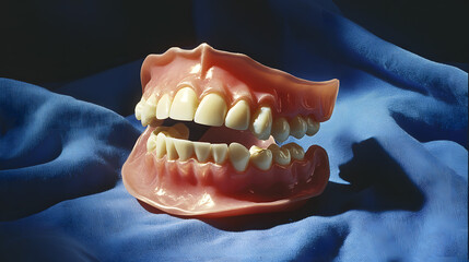 Set of partial dentures is displayed on sterile blue cloth, showcasing dental craftsmanship