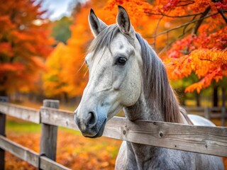 Gray Horse Autumn Paddock Banner - Fall Foliage, High Depth of Field, Equine Photography