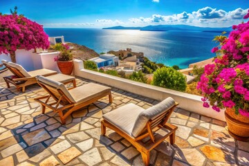 Grecian Coastal Relaxation: Aerial View of Recliners on Stone Patio