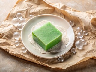 Green Natural Soap Bar, Hygiene Bubbles, Flat Lay, Closeup, White Plate, Brown Paper Background