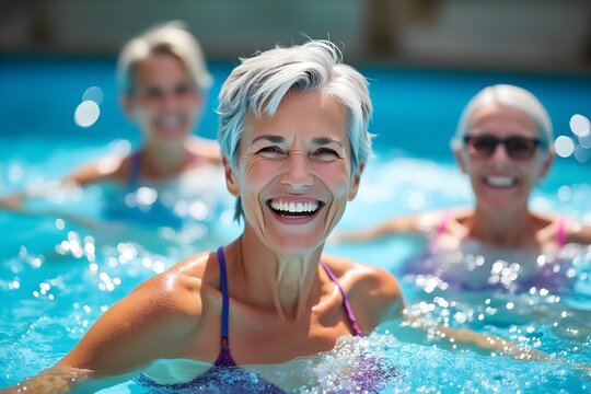 Happy senior women enjoying aqua aerobics in pool