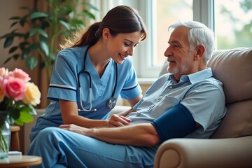 Obraz premium Compassionate nurse caring for elderly patient at home