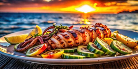 Grilled Squid & Zucchini Mediterranean Sunset - Delicious Seafood Recipe Photo