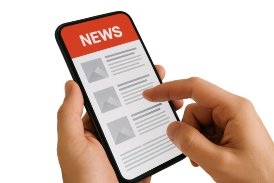 Hands holding smartphone showing news app isolated on a white background - Powered by Adobe