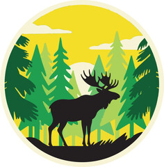 Illustration of a moose standing in a forest 