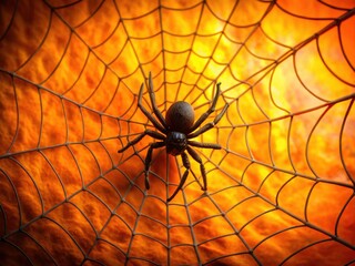 Halloween Spider Web, Black Spider, Orange Background - AI Generated Photo