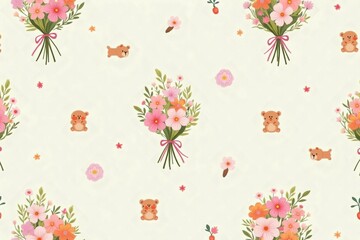 pastel Spring garden thematic background. pattern with bouquets of flowers, gardening items and funny bears