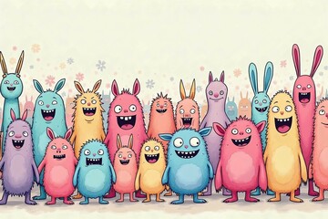 Pastel illustrations, monsters doodle, Hand drawn cartoon monster illustration