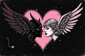pastel Y2k pink gothic wallpaper. Devil and angel, wire heart, black and pink goth elements on dark background
