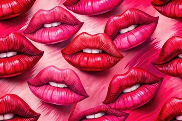 Hand Drawn Lips Seamless Pattern, Pink Red Brush Stroke Background, Feminine Lip Art, Contrast Design, Fashion Textile Print