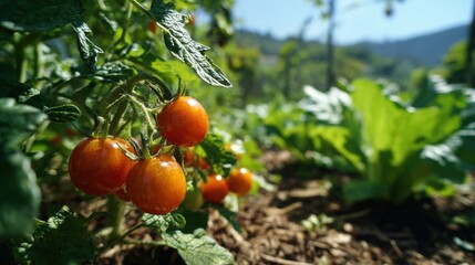 A bunch of ripe tomatoes hanging from a plant