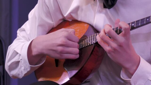 Musician playing the Domra. Close-up of hands.