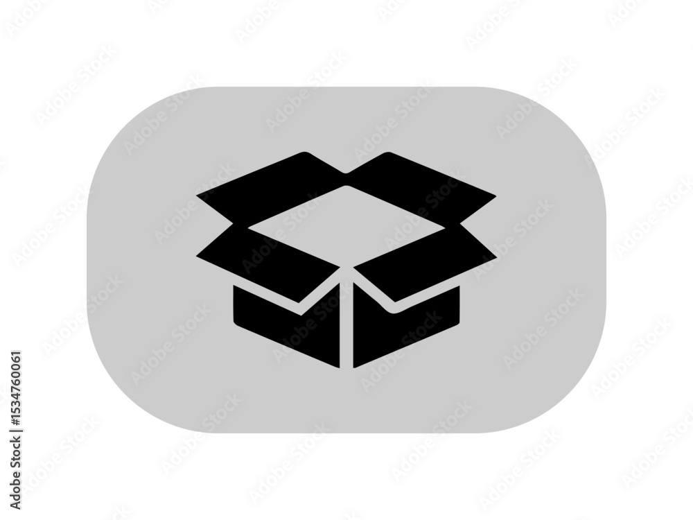 Poster the image shows a black icon of an open cardboard box, viewed from a slightly elevated angle, center