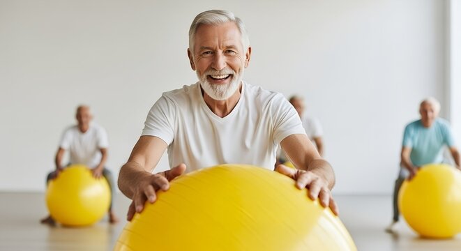 Happy senior man exercising with fitness ball