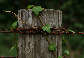 Ivy growing on weathered wooden fence post