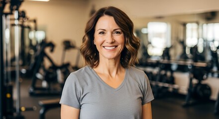 Smiling woman in grey shirt at the gym