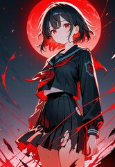 Girl in Gothic School Uniform with Red Moon Background