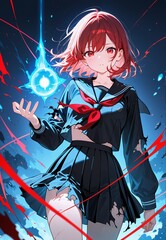 anime ciberpunk  Schoolgirl with Electric red Hair