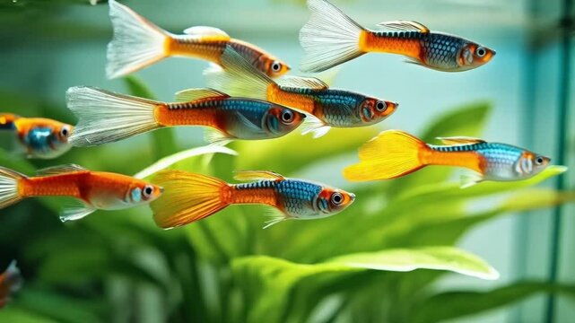 A group of colorful guppy fish swimming in a tank with green plants in the background aquarium scene video