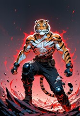 powerful warrior tiger red background