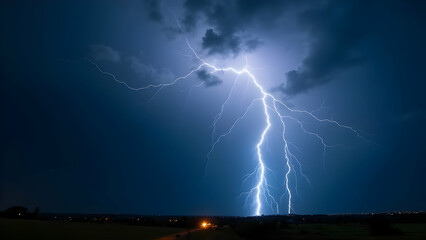 A bright lightning strike illuminates the dark sky