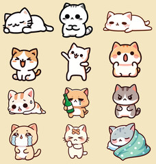 set emoticon expressive cute cat 