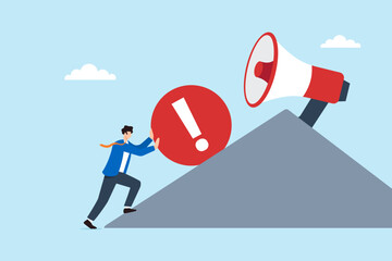 Flat illustration of businessman pushing red warning symbol uphill to megaphone peak to broadcast urgent message with maximum impact