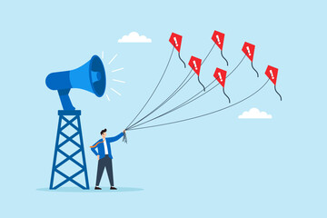 Flat illustration of businessman releasing exclamation kites from megaphone tower to spread urgent alert and warning across wide area